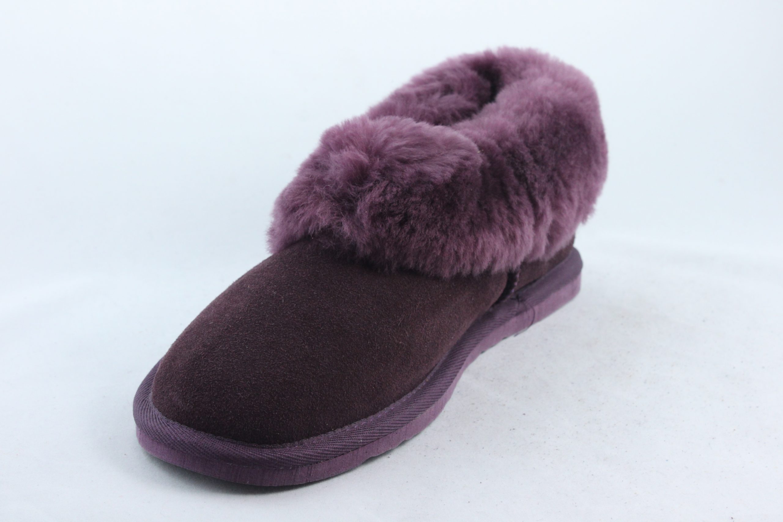 Ladies Sheepskin Slippers with full collar -Plum Chestnut Grey Tipped ...