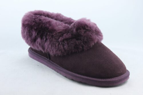 Ladies Sheepskin Slippers with full collar -Plum Chestnut Grey Tipped