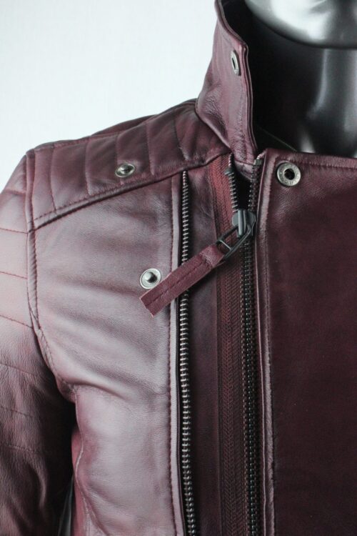 Mens Burgundy Leather Biker Jacket