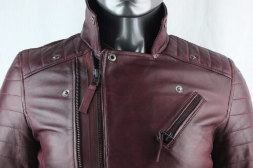 Mens Burgundy Leather Biker Jacket - Image 3