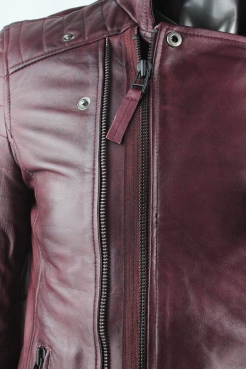 Mens Burgundy Leather Biker Jacket - Image 4