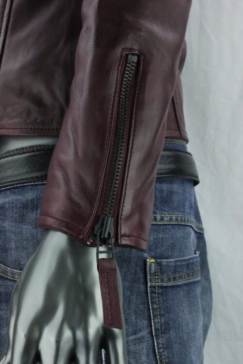 Mens Burgundy Leather Biker Jacket - Image 5