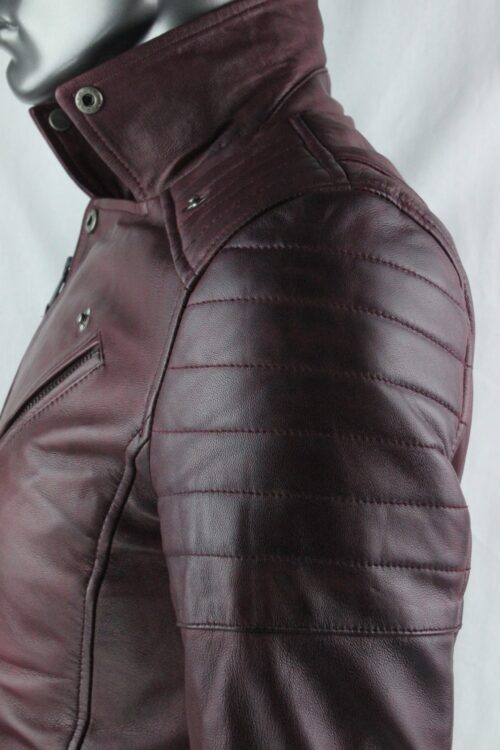 Mens Burgundy Leather Biker Jacket - Image 6