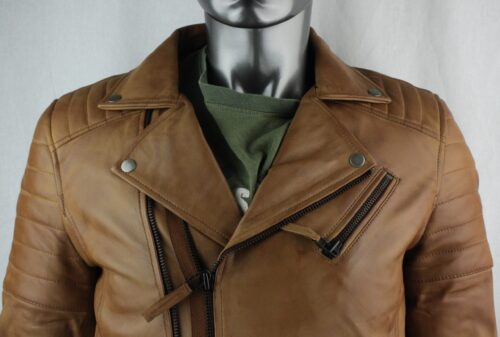 Mens Tan Leather Biker Jacket - Image 9