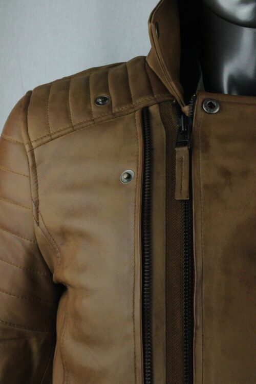 Mens Tan Leather Biker Jacket - Image 2