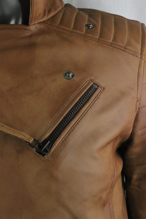Mens Tan Leather Biker Jacket - Image 3