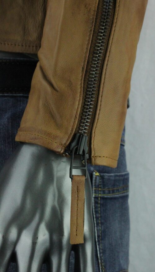 Mens Tan Leather Biker Jacket - Image 4