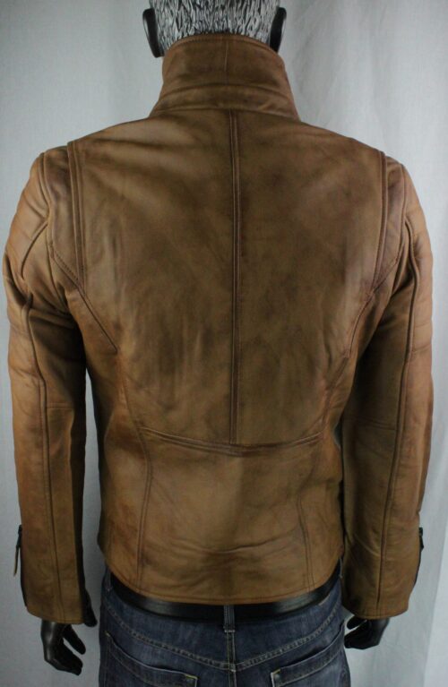 Mens Tan Leather Biker Jacket - Image 6