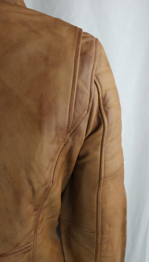 Mens Tan Leather Biker Jacket - Image 8