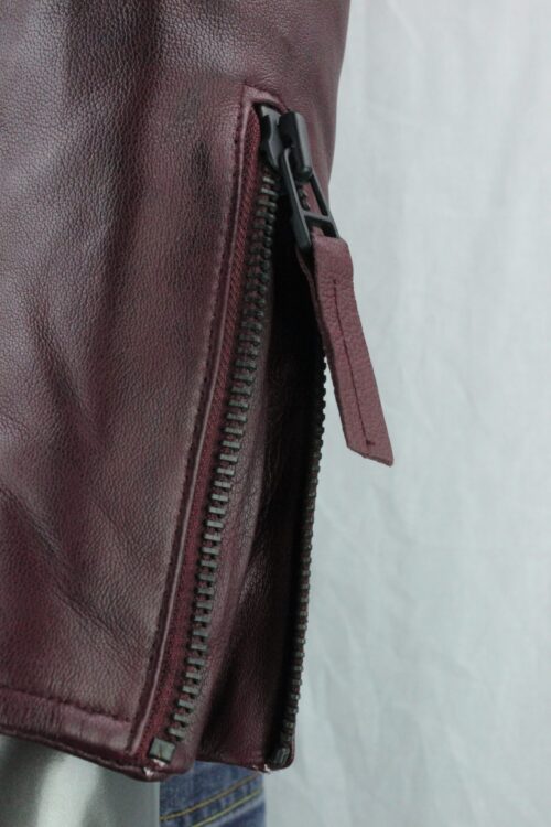 Mens Burgundy Leather Biker Jacket - Image 8