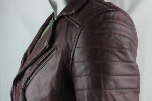 Mens Burgundy Leather Biker Jacket - Image 2