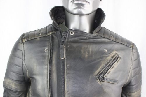 Mens Vintage Look Leather Biker Jacket - Image 2