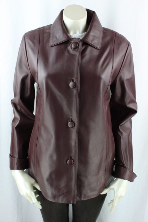 Short Burgundy Ladies Leather Jacket - Image 4