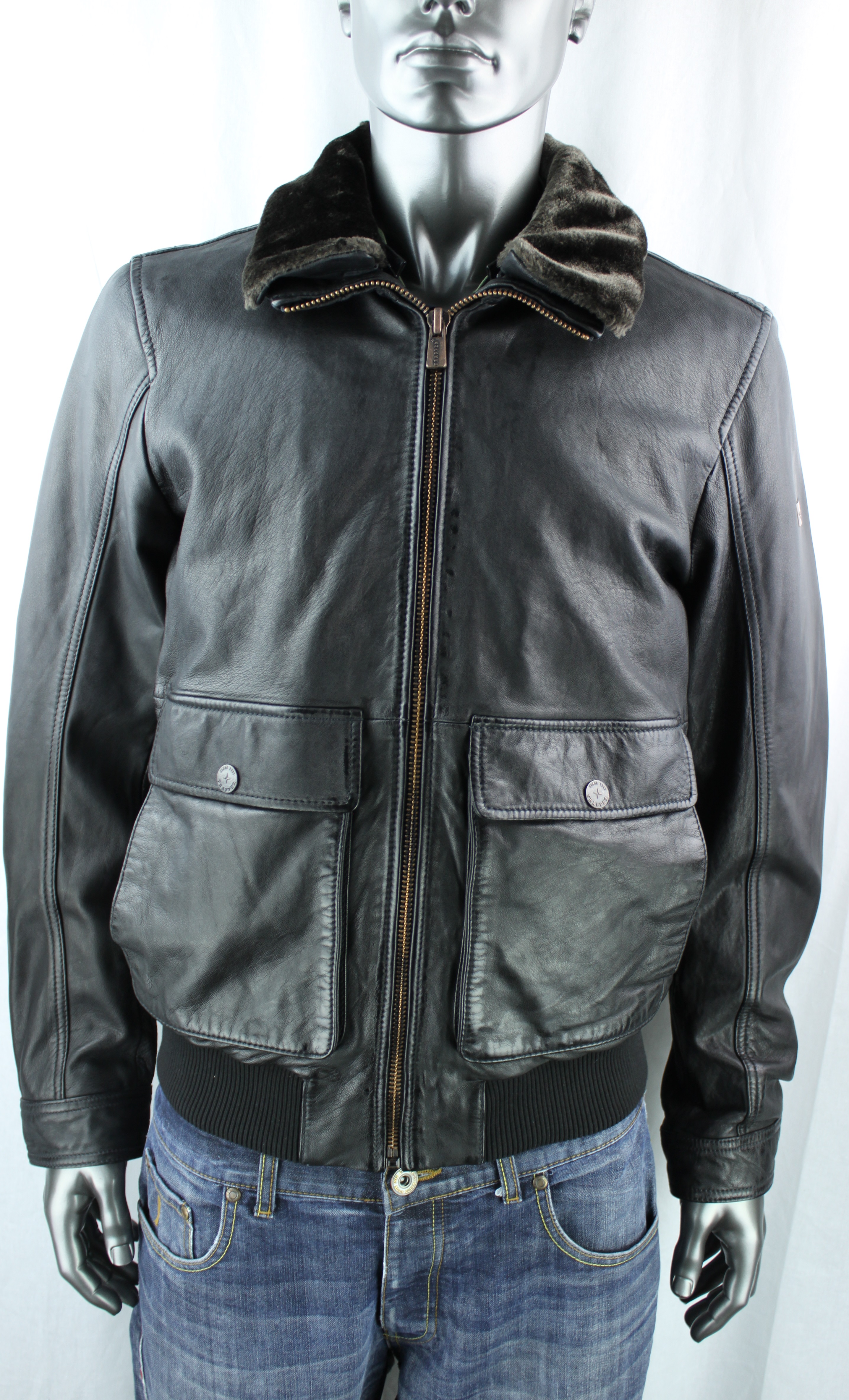 Mens Black Faux Fur Leather Side Pockets Long Sleeve Zipped Jacket Size S M L XL