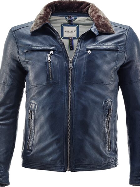 Men's TRAPPER Sandor Leather Jacket with Detachable Collar in Blue