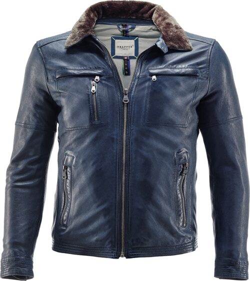Men's TRAPPER Sandor Leather Jacket with Detachable Collar in Blue