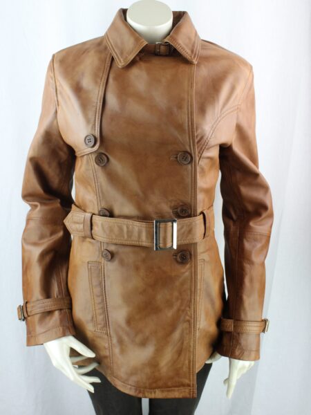Ladies Tan Leather 3/4 Trench Coat