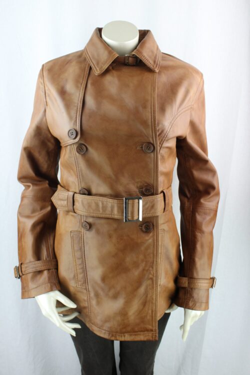 Ladies Tan Leather 3/4 Trench Coat