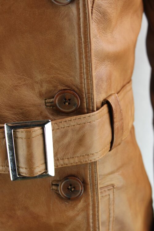 Ladies Tan Leather 3/4 Trench Coat - Image 3