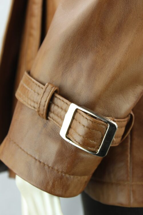 Ladies Tan Leather 3/4 Trench Coat - Image 5