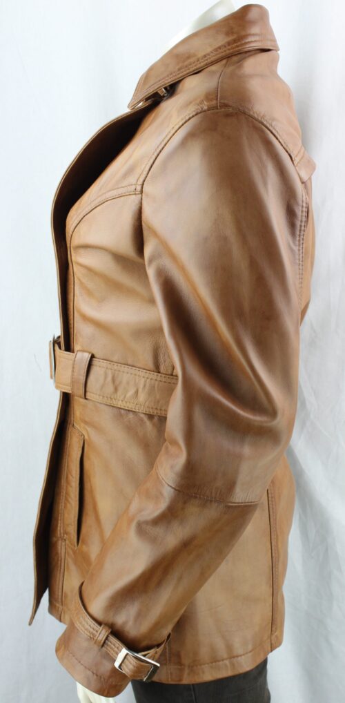 Ladies Tan Leather 3/4 Trench Coat - Image 6