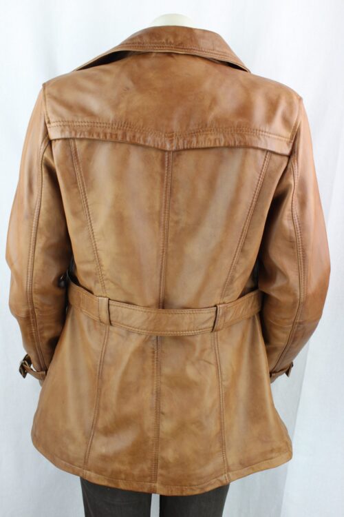 Ladies Tan Leather 3/4 Trench Coat - Image 7