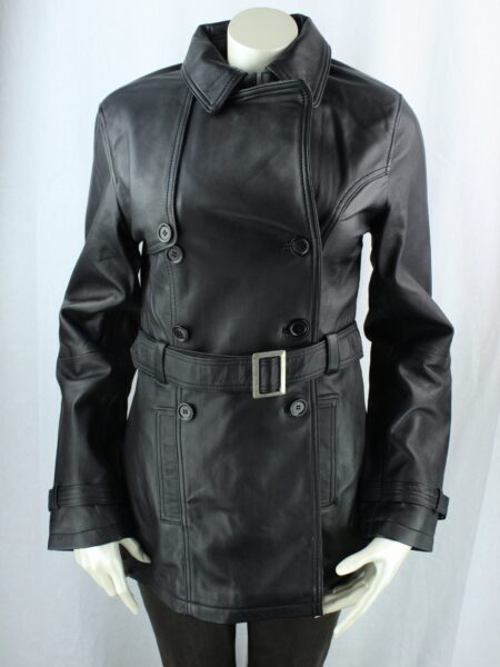 Ladies Black Leather 3/4 Trench Coat