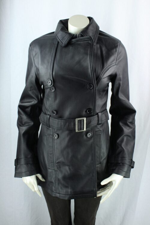 Ladies Black Leather 3/4 Trench Coat