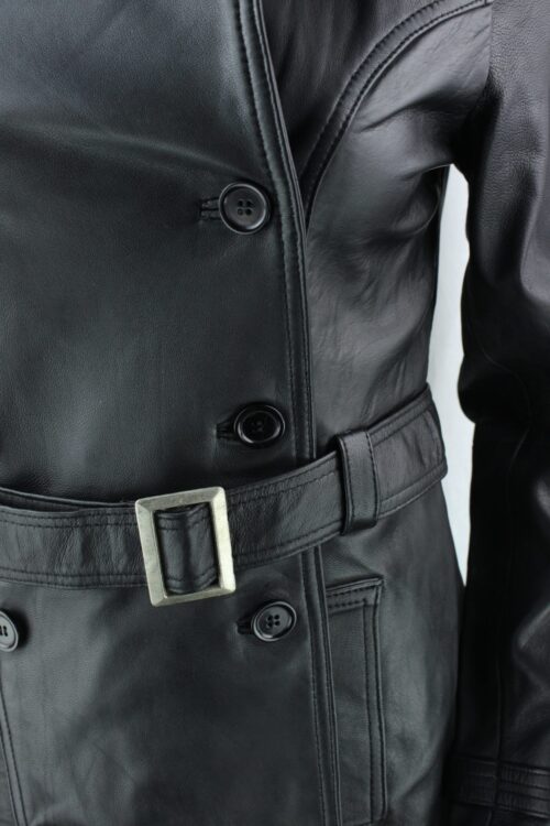 Ladies Black Leather 3/4 Trench Coat - Image 5
