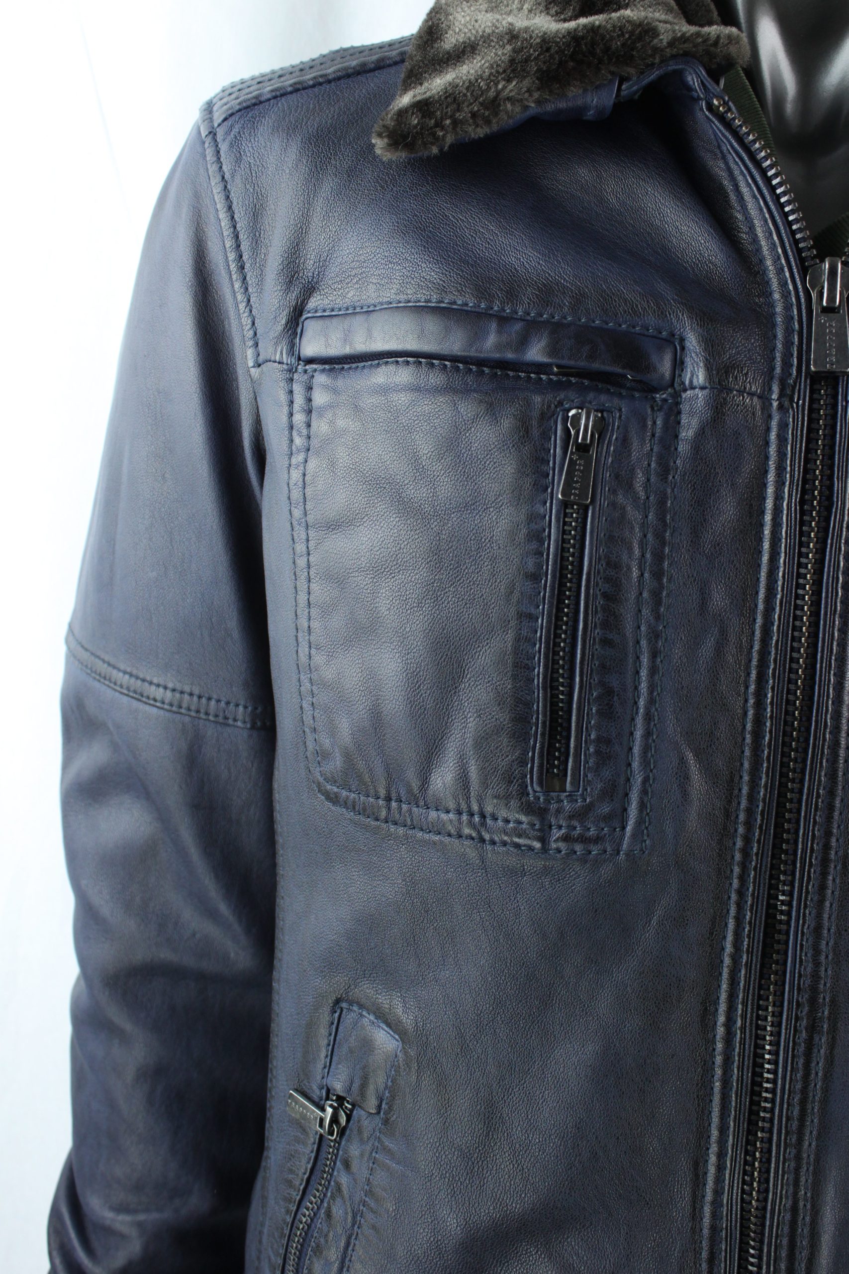 Men’s TRAPPER Sandor Leather Jacket with Detachable Collar in Blue ...