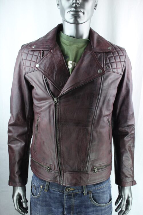 Men's Vintage Leather Biker Jacket in Burgundy - Image 2