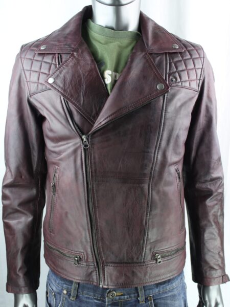 Men's Vintage Leather Biker Jacket in Burgundy