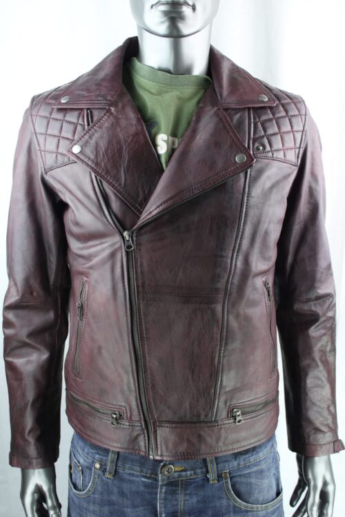 Men's Vintage Leather Biker Jacket in Burgundy
