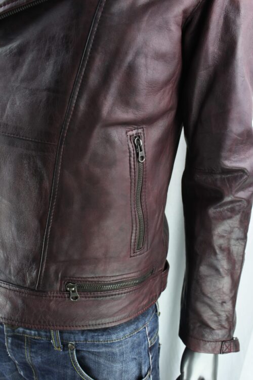 Men's Vintage Leather Biker Jacket in Burgundy - Image 3