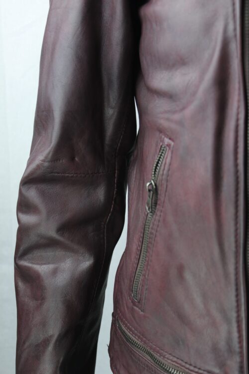Men's Vintage Leather Biker Jacket in Burgundy - Image 10