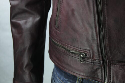 Men's Vintage Leather Biker Jacket in Burgundy - Image 9