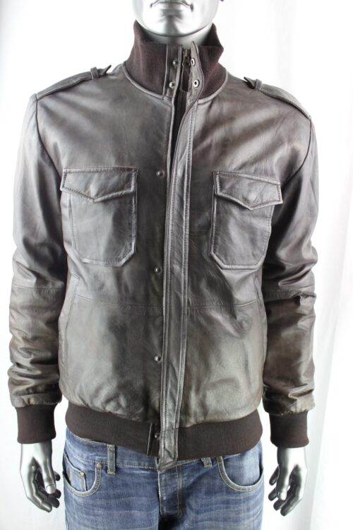 Men's Brown Leather Bomber Jacket - Image 2