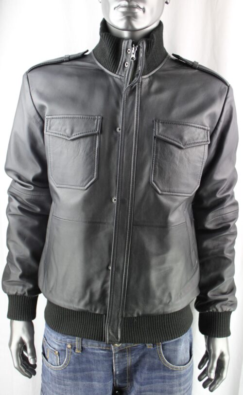 Men's Black Leather Bomber Jacket - Image 2