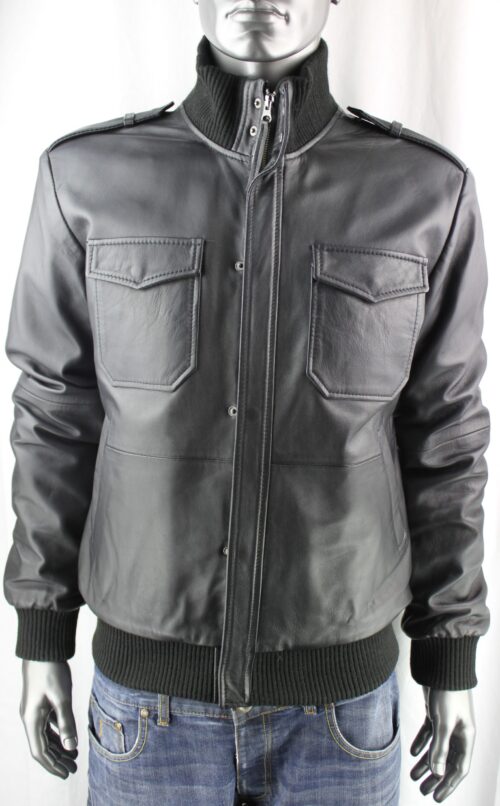 Men's Black Leather Bomber Jacket