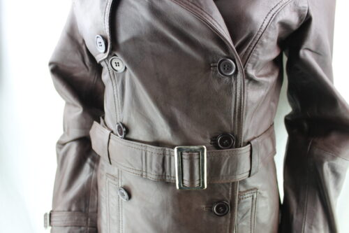 Ladies Brown Leather 3/4 Trench Coat - Image 2