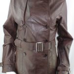 Ladies Brown Leather 3/4 Trench Coat - Image 4