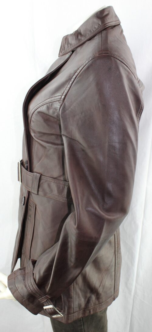 Ladies Brown Leather 3/4 Trench Coat - Image 5