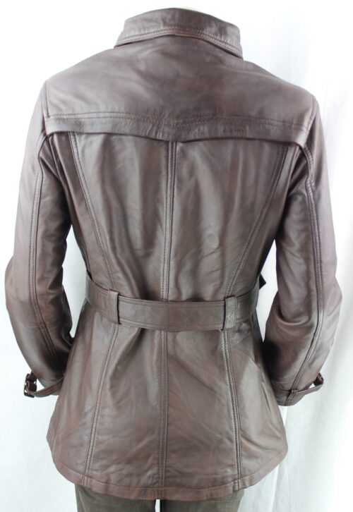 Ladies Brown Leather 3/4 Trench Coat - Image 6