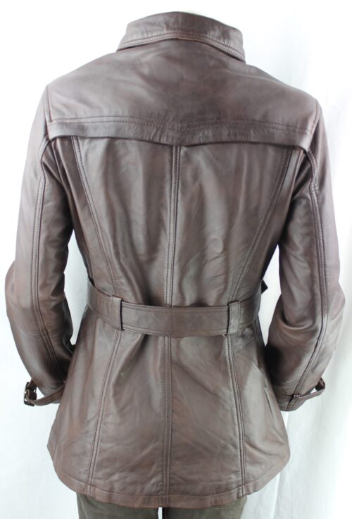 Ladies Brown Leather 3/4 Trench Coat - Image 7