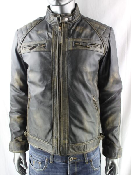 Men's Vintage Leather Biker Jacket in Black Rub Off