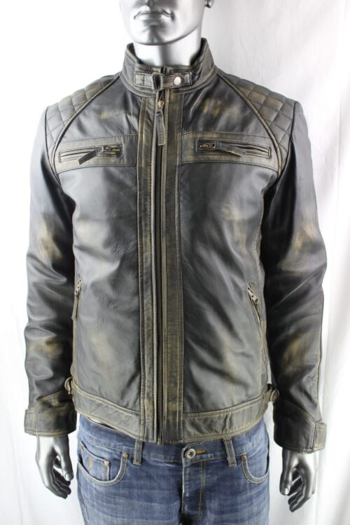 Men's Vintage Leather Biker Jacket in Black Rub Off