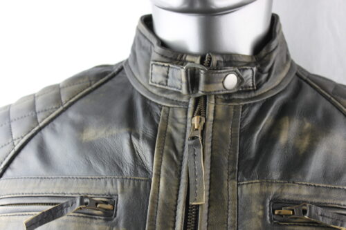 Men's Vintage Leather Biker Jacket in Black Rub Off - Image 2
