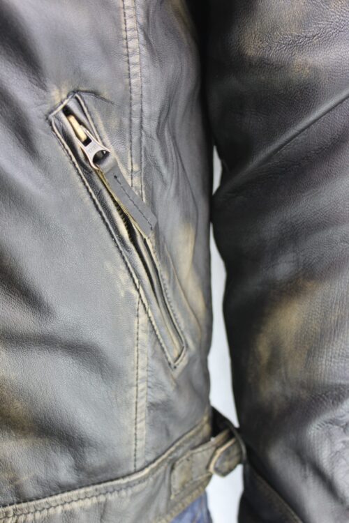 Men's Vintage Leather Biker Jacket in Black Rub Off - Image 3