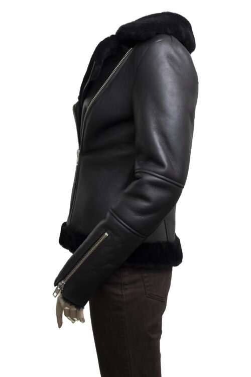 Women's Black Sheepskin Aviator Pilot Jacket - Image 6