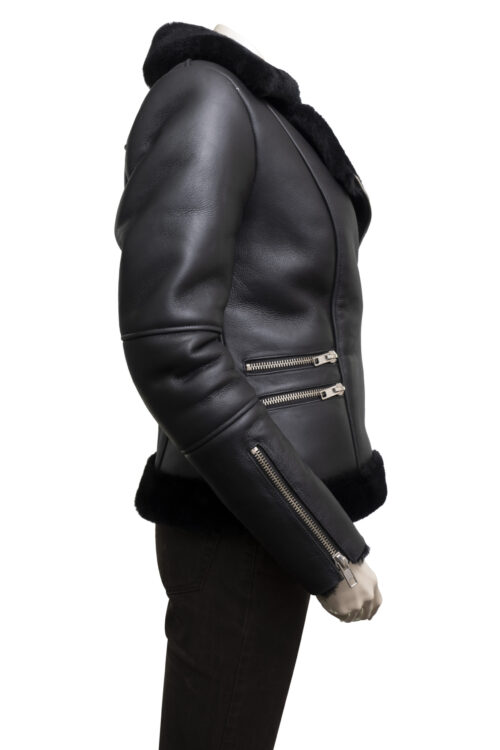 Women's Black Sheepskin Aviator Pilot Jacket - Image 2